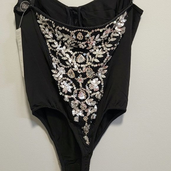 La Perla Tops - Vintage LA PERLA Ritmo Black Bodysuit w/ Jeweled & Beaded Back   Size 44/8